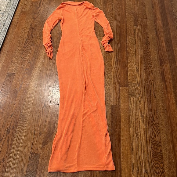 NWT Club L London Restless Heart | Orange Plunge Neck Ruched Detail Maxi Dress - Picture 6 of 8